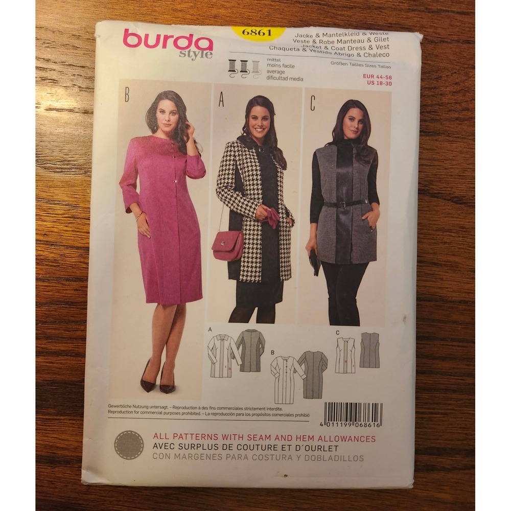 Burda Style 6861 Sewing Pattern Jacket Coat Dress Vest Plus Size 18-30 Uncut